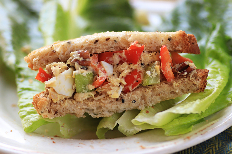 Homemade healthy tuna salad sandwich with peppers